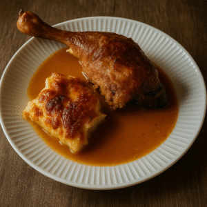 Entenkeule mit Sauce und Kartoffelgratin entenkeule kartoffelgratin angerichtet