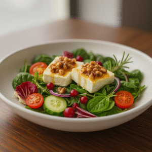Feldsalat mit Honig-Nuss gratiniertem Feta feldsalat mit honig nuss gratiniertem feta angerichtet 4