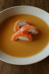 Kartoffelcremesuppe mit gefüllten Räucherlachsröllchen kartoffelcremesuppe angerichtet