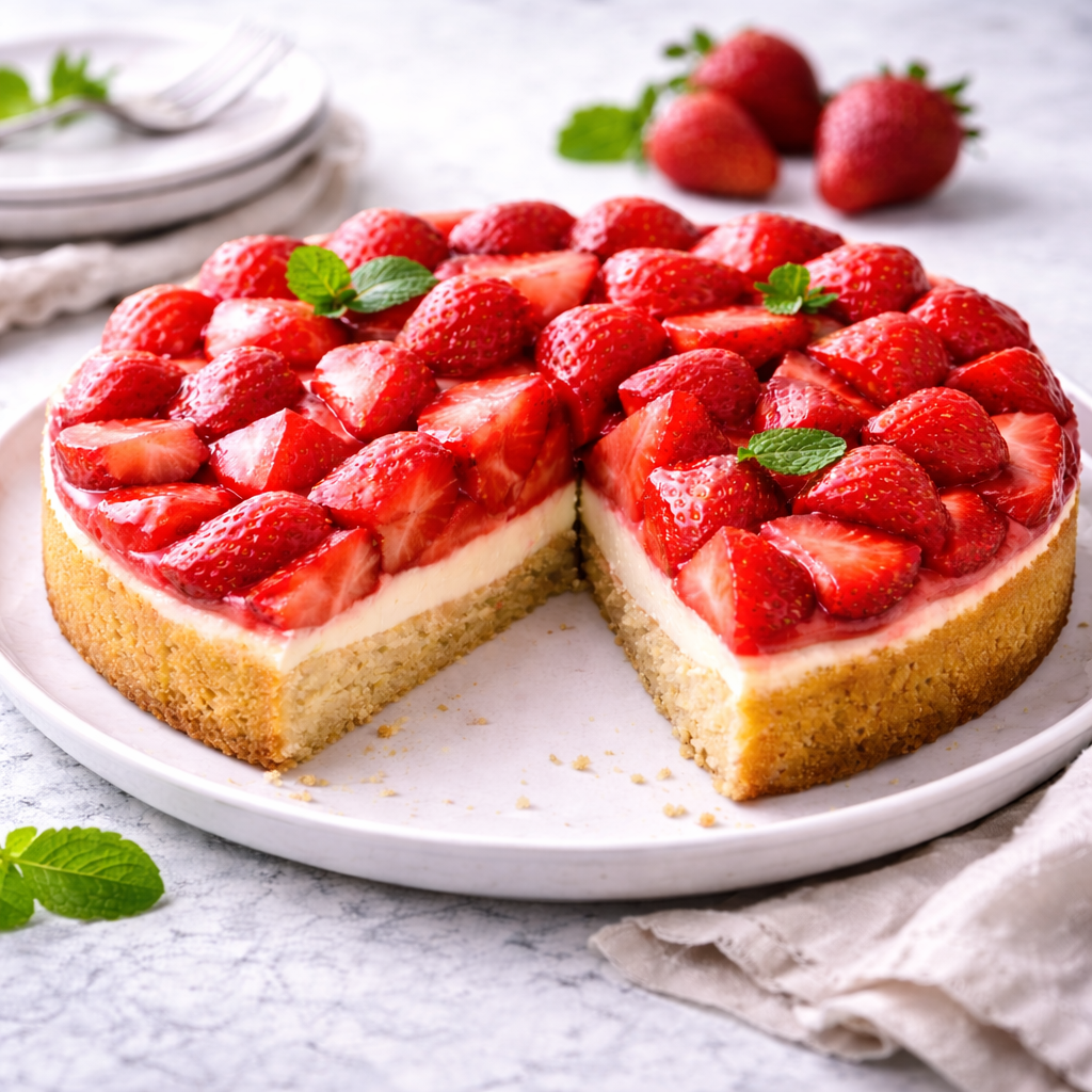 erdbeerkuchen mit vanillecreme und minze