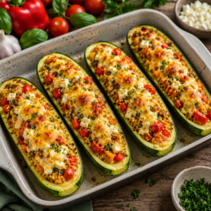 Vegetarisch gefüllte Zucchini mit Couscous und Feta