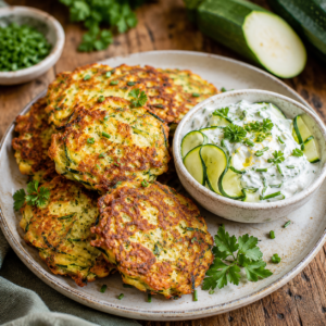 Knusprige Zucchinipuffer mit Kräuterquark