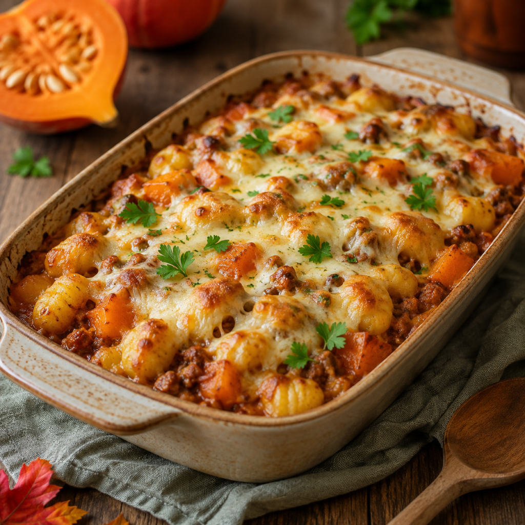 kürbis gnocchi auflauf mit hackfleisch & mozzarella