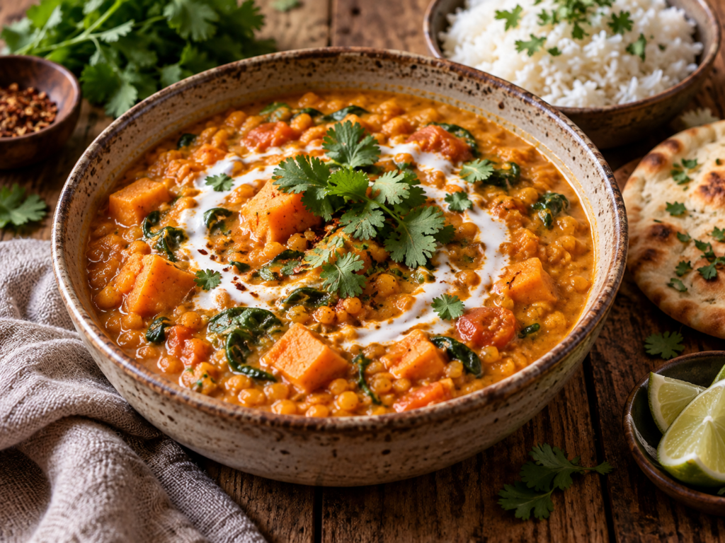 rote linsen curry mit süßkartoffel & kokosmilch