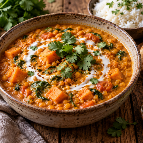 rote linsen curry mit süßkartoffel & kokosmilch