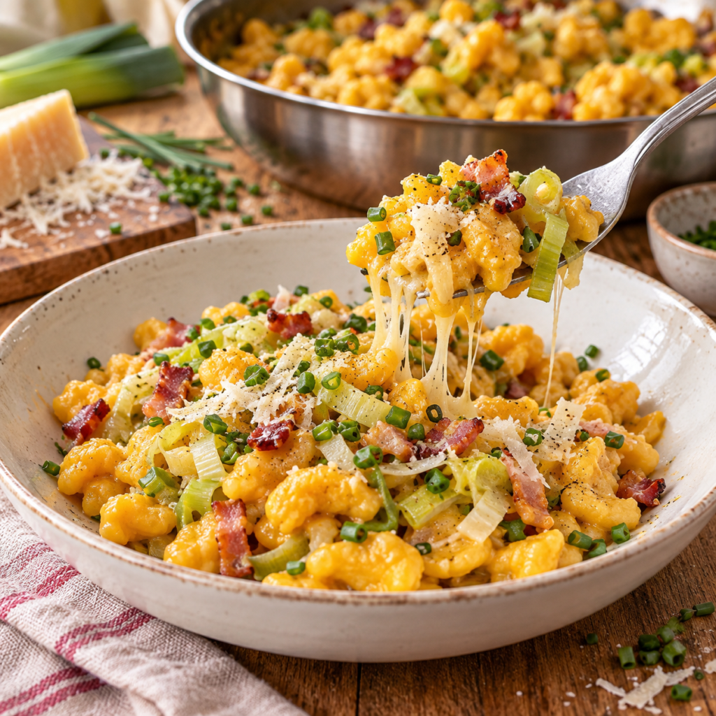 kürbis spätzle mit lauch, speck & parmesan